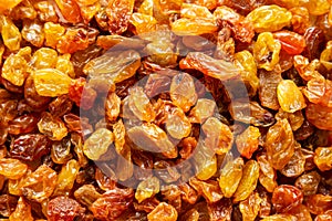 Organic Dried Raisins Background, top view. Flat lay, overhead