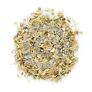 Organic dry green cardamom (Elettaria cardamomum) tea cut seeds.