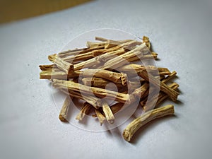 Organic dry shatavari Asparagus racemosus sticks.  It used in traditional Indian medicine. The root is used to make medicine.