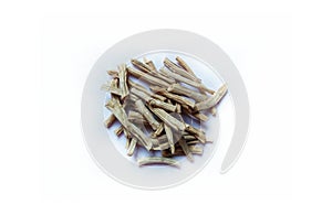 Organic dry shatavari Asparagus racemosus sticks.  It used in traditional Indian medicine. The root is used to make medicine.