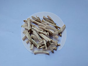 Organic dry shatavari Asparagus racemosus sticks.  It used in traditional Indian medicine. The root is used to make medicine.