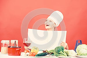 Organic eating and vegetarian. Housewife. restaurant menu. Dieting. woman in cook hat. professional chef on red