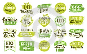 Organic eco stickers. Green natural food labels, vegetarian healthy foods badges. Vegan ecological fresh product stamp