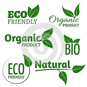 Organic eco vector logos with green leaves. Bio friendly products labels with leaf photo