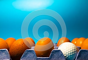 Organic eggs sitting in blue cardboard egg rack with one egg replaced by golf ball. Concept of standing out of the crowd