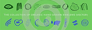 Organic emblems set with hand painted elements for Eco friendly sign, vector vegan icons, bio logos in modern abstract style