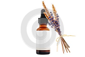 Organic essential oil of lavender and wheat herbs isolated. Health care and spa treatment