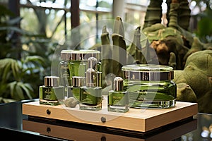 Organic facial toners displayed in lush greenery and blooming flowers, illuminated by natural light