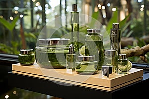 Organic facial toners displayed in lush greenery and blooming flowers, illuminated by natural light