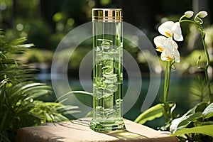 Organic facial toners displayed in lush greenery and blooming flowers, illuminated by natural light