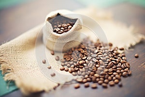organic fair trade coffee beans spread on a burlap sack