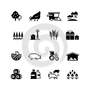 Organic farm and agriculture vector silhouette icons isolated