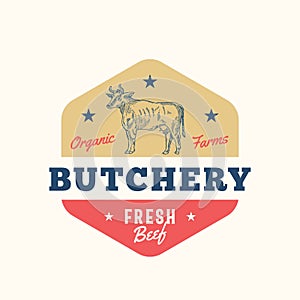 Organic Farm Butchery Abstract Vector Sign, Symbol or Logo Template. Hand Drawn Cow Sillhouette with Retro Typography