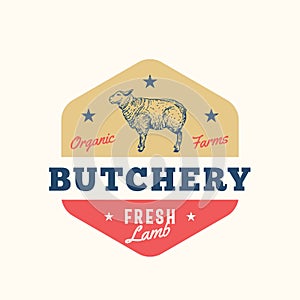 Organic Farm Butchery Abstract Vector Sign, Symbol or Logo Template. Hand Drawn Sheep Sillhouette with Retro Typography