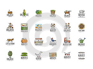 Organic Farm Icons For your Design. Harvest Festival. Agriculture collection. Organic farming eco concept. Fresh