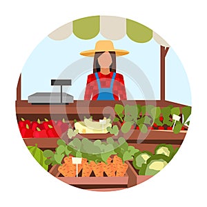 Organic farm products flat concept icon. Markers market stall sticker, clipart. Summer outdoor store with eco vegetables.