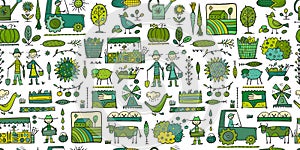 Organic Farm Seamless Pattern Background For your Design. Harvest Festival. Agriculture collection. Organic farming eco