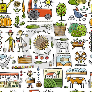 Organic Farm Seamless Pattern Background For your Design. Harvest Festival. Agriculture collection. Organic farming eco