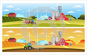 Organic farm vector landscape set with tractor, field, hills, wind turbine, barn, village houses. Autumn and spring countryside