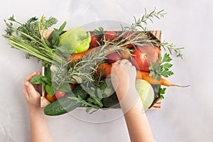 Organic farm vegetables in wooden box, vegetarian food concept child hands