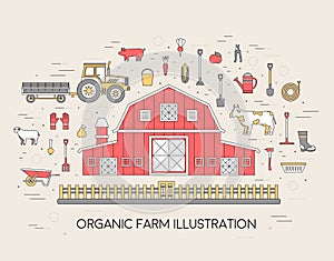 Organic farm in village set and tile in thin lines style design. instruments, flower, vegetables, fruits, hay, farm