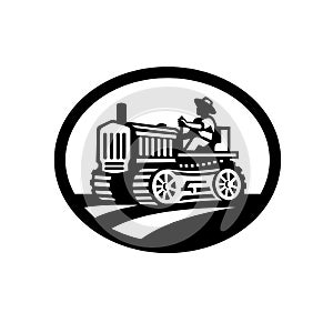 Organic Farmer Driving Vintage Farm Tractor Oval Retro Monochrome