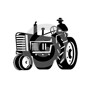 Organic Farmer Driving Vintage Tractor Retro Silhouette Black and White