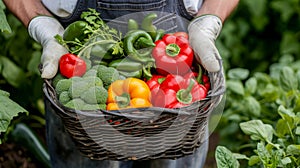 Organic farmer holding fresh vegetables in a basket on blurred farm background with copy space