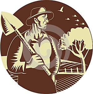 Organic Farmer Holding Shovel Farm Circle Woodcut