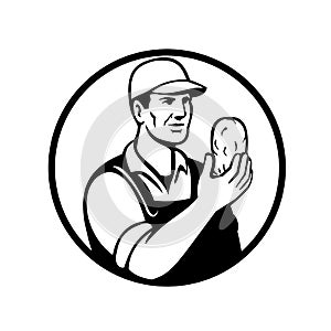 Organic Farmer or Potato Grower Holding Up Potato Set Inside Circle  Mascot Black and White Retro Style