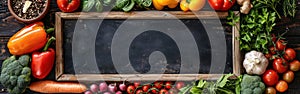 Organic Farmers Market: Fresh Veggies & Vegan Food on Chalkboard Background at Regional Shop