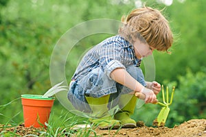 Organic farming. The child works with the ground. The game of the farmer. The boy in the garden.