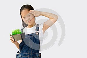 Organic Farming Concept, Asian Child Farmer, on White Background