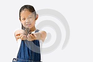 Organic Farming Concept, Asian Child Farmer, on White Background