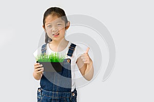 Organic Farming Concept, Asian Child Farmer, on White Background