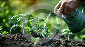 Organic Farming: Farmer Planting Tomato Seedling in Vegetable Garden with Watering Can for Irrigation - Spring Gardening Concept