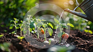 Organic Farming: Farmer Planting Tomato Seedling in Vegetable Garden with Watering Can for Irrigation - Spring Gardening Concept