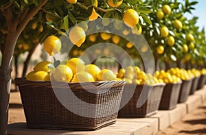 Organic Farming, long lemon plantations, lemon garden to the horizon, lemon tree branches, sunny