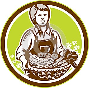 Organic Female Farmer Farm Produce Harvest Woodcut