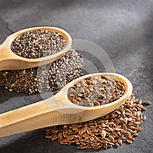 Organic flax and chia seeds in the spoons - Linum usitatissimum, Salvia hispanica