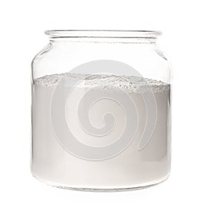 Organic flour in glass jar isolated on white