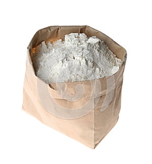 Organic flour in paper bag isolated on white