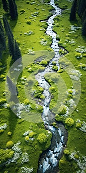 Organic Flow: Aerial View Of A River Through A Green Meadow