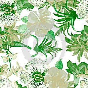 Organic Flower Textile. Natural Summer Print. Green Seamless Backdrop. Watercolor Leaves. Pattern Wallpaper. Floral Painting.Exoti