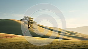 Organic And Flowing Forms: A Soft-lit Tree On A Grassy Hill