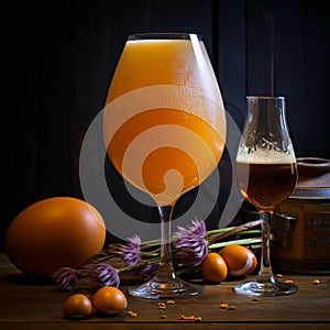 Organic And Fluid: A Rustic Still Life Of Yellow Beer And Flowers photo