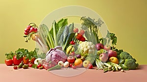 Organic food background. Food photography different fruits and vegetables. Copy space. Ai Generative