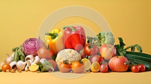 Organic food background. Food photography different fruits and vegetables. Copy space. Ai Generative