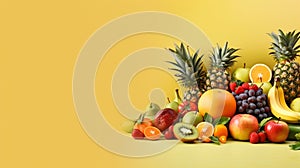 Organic food background. Food photography different fruits and vegetables. Copy space. Ai Generative