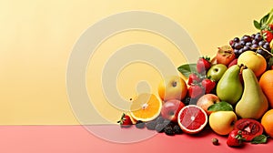 Organic food background. Food photography different fruits and vegetables. Copy space. Ai Generative